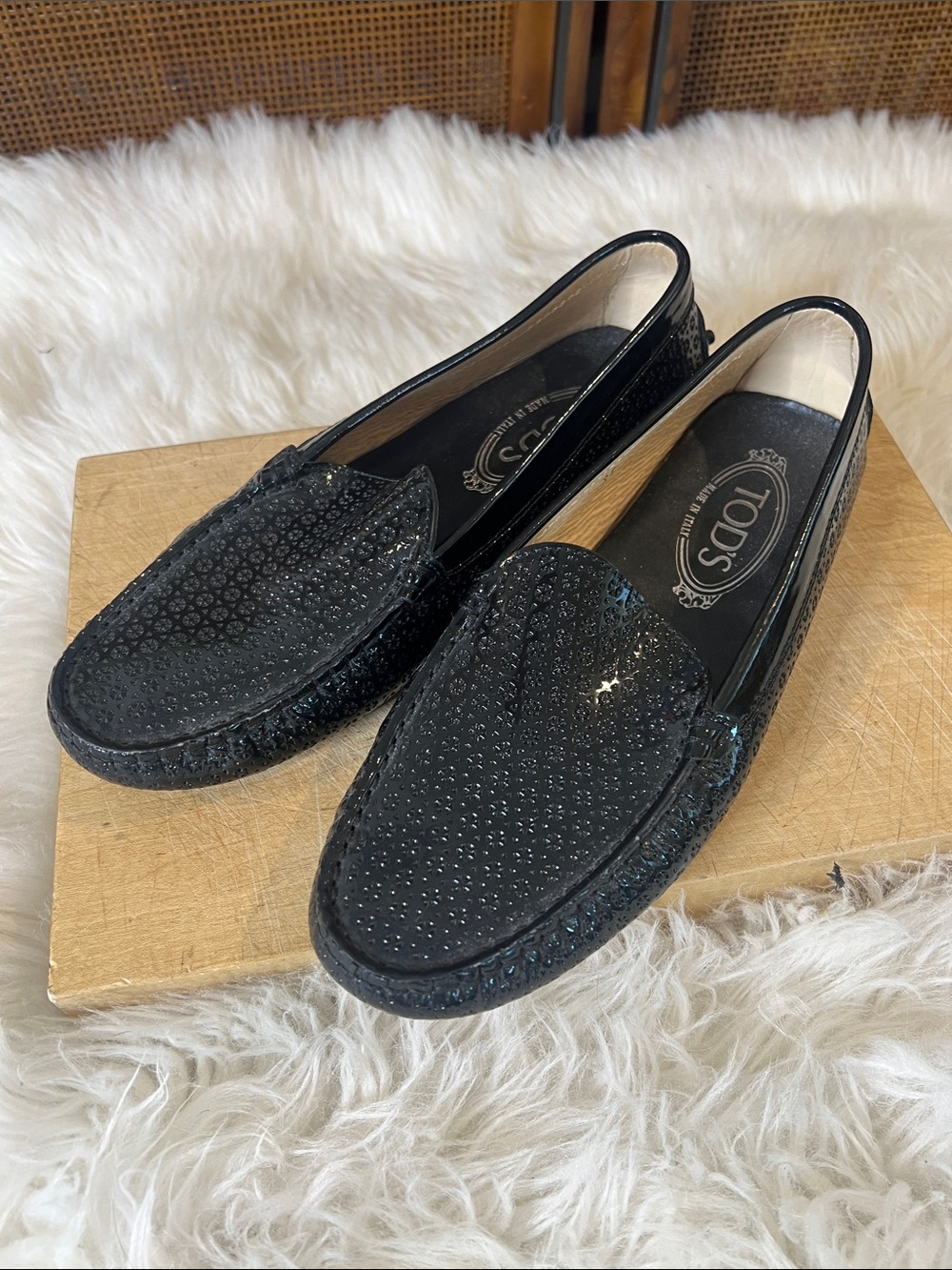 Tod's Black Patent Leather Perforated Driving Loafers